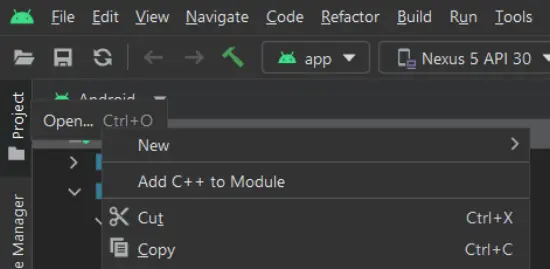 Add C++ To Module option of Android Studio