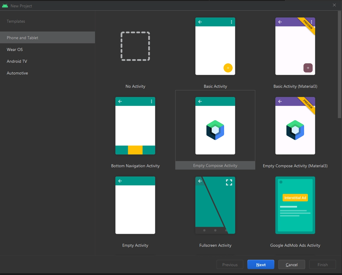 New project window of Android Studio